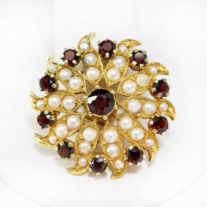 Picture of Vintage European 14k Yellow Gold, Garnet & Pearl Sunburst Brooch/Pendant