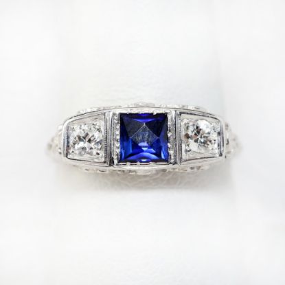 Picture of Antique 18k White Gold Filigree, Diamond & Synthetic Sapphire Ring