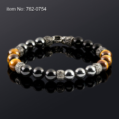 Picture of AXION Sterling Silver Black Onyx, Hematite & Tiger Eye Beaded Bracelet with Vergina Sun Motifs