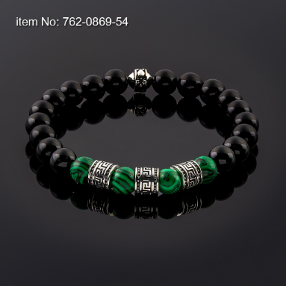 Picture of AXION Sterling Silver Greek Key Black Onyx & Malachite Beaded Elastic Cord Bracelet