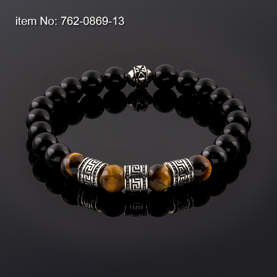 Picture of AXION Sterling Silver Greek Key Black Onyx & Tiger Eye Beaded Elastic Cord Bracelet 
