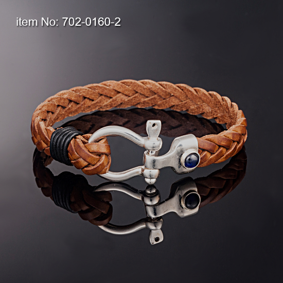 Picture of AXION Sterling Silver Sailor Key & Braided Tan Leather Bracelet