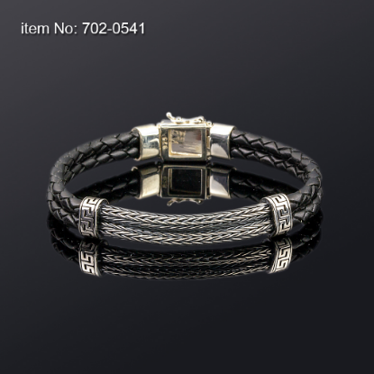 Picture of AXION Sterling Silver Double Braided Chain & Double Black Braided Leather Bracelet