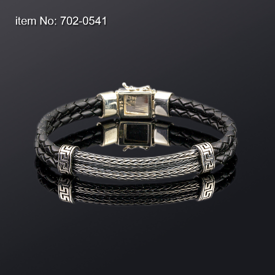Picture of AXION Sterling Silver Double Braided Chain & Double Black Braided Leather Bracelet