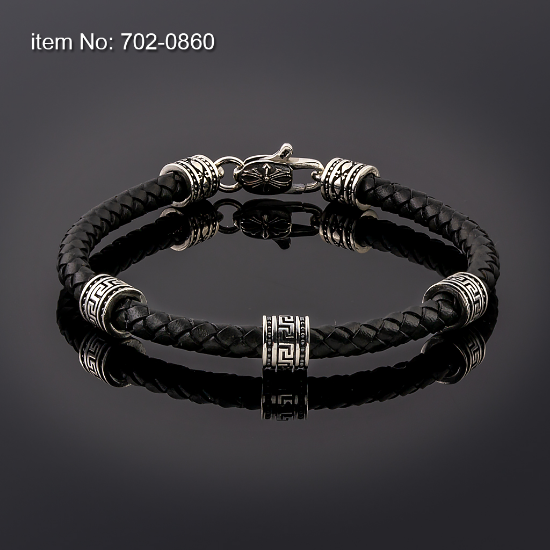 Picture of AXION Sterling Silver Greek Motifs Black Braided Leather Bracelet