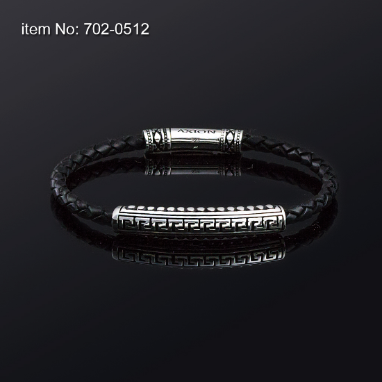 Picture of AXION Sterling Silver Black Braided Leather Bracelet with Greek Meander Design