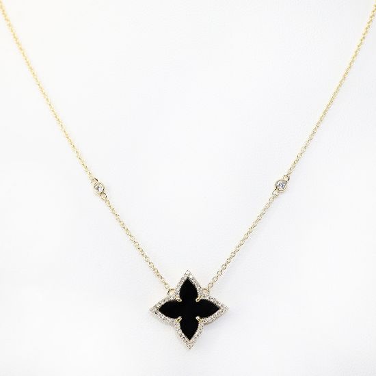 Picture of 14k Yellow Gold Black Onyx & Diamond Clover Motif Necklace