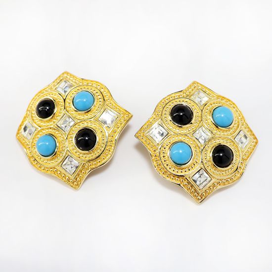 Picture of Vintage Christian Dior Faux Turquoise, Onyx & Rhinestone Earrings