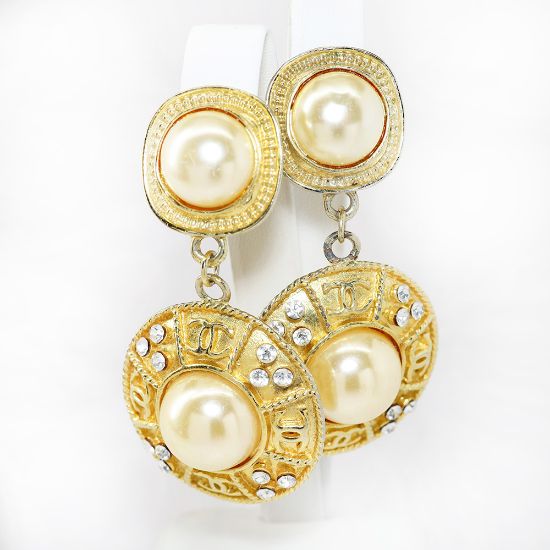 Picture of Vintage Large Chanel Faux Pearl & Rhinestone Dangle Earrings