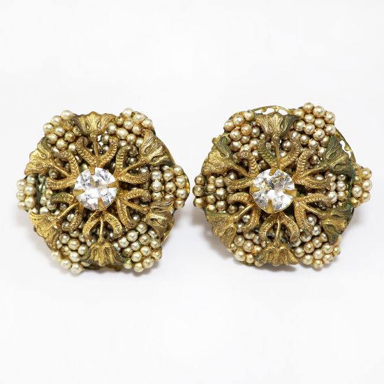 Picture of Vintage Miriam Haskell Faux Pearl & Rhinestone Clip-On Earrings
