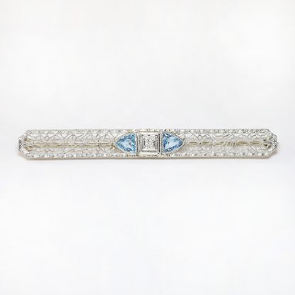 Picture of Antique 14k White Gold Filigree, Aquamarine & Diamond Bar Brooch