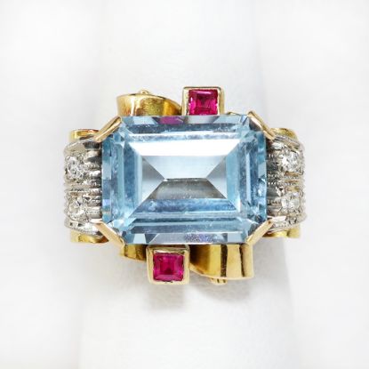 Picture of Vintage 1940s 14k Gold, Synthetic Spinel, Synthetic Ruby & Diamond Cocktail Ring