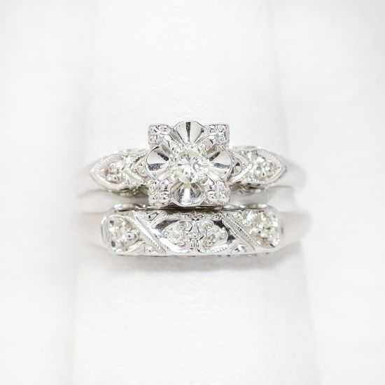 Picture of Vintage 14k White Gold & Diamond Locking Bridal Ring Set