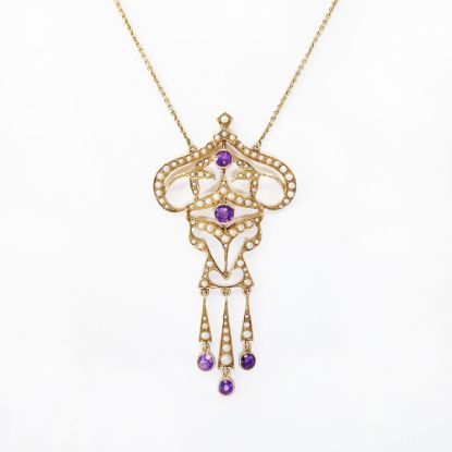 Picture of Antique Edwardian 14k Gold, Amethyst & Seed Pearl Lavalier Pendant Necklace