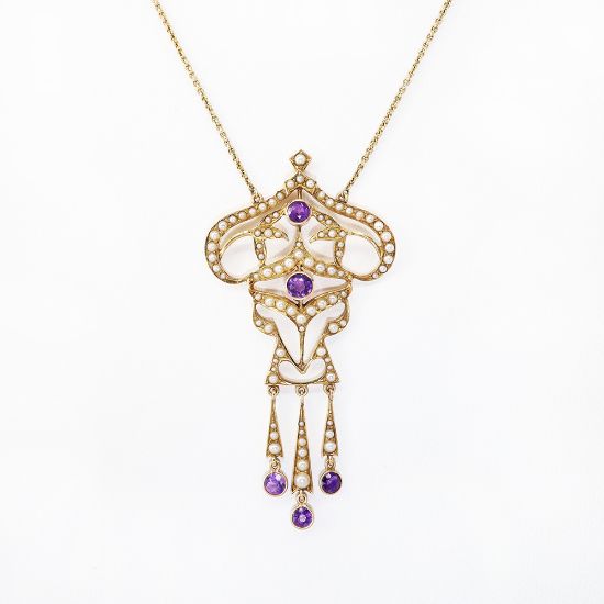 Picture of Antique Edwardian 14k Gold, Amethyst & Seed Pearl Lavalier Pendant Necklace