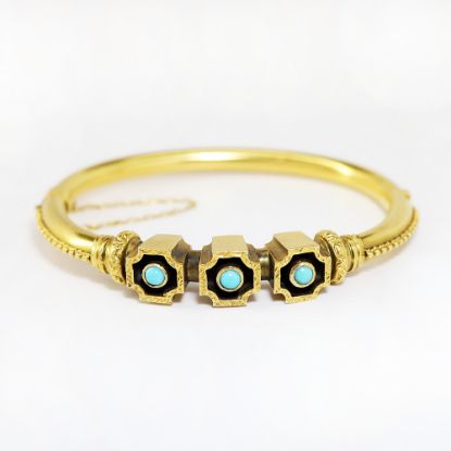 Picture of Victorian Era Etruscan Revival 14k Gold & Turquoise Cabochon Bangle Bracelet