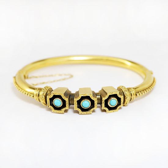 Picture of Victorian Era Etruscan Revival 14k Gold & Turquoise Cabochon Bangle Bracelet