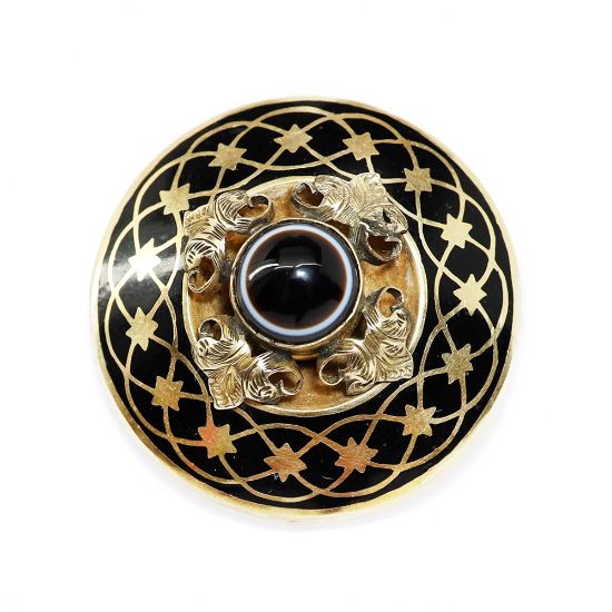 Picture of Victorian Etruscan Revival 9k Gold, Enamel & Banded Agate Mourning Locket Brooch/Pendant