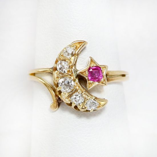 Picture of Antique Victorian 14k Gold, Diamond & Ruby Crescent Moon & Star Ring