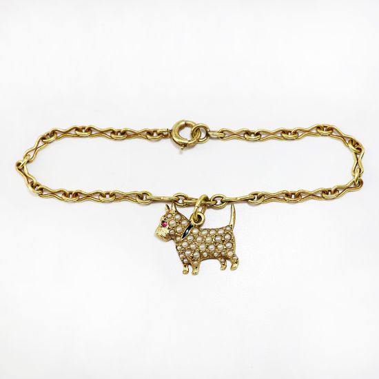 Picture of Vintage 14k Gold Youth Bracelet with Gold, Pearl & Ruby Scotty Dog Charm
