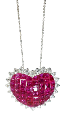 Picture of 18k White Gold, Ruby & Diamond Heart Necklace 