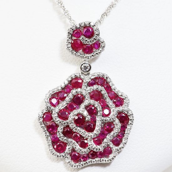 Picture of 14k White Gold Ruby & Diamond Rose Pendant