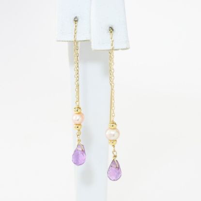 Picture of 14k Yellow Gold Pearl & Amethyst Threader Earrings