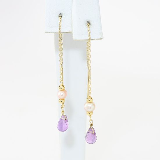 Picture of 14k Yellow Gold Pearl & Amethyst Threader Earrings