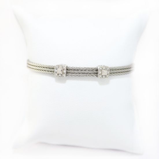Picture of Stainless Steel Cable & 18k White Gold Diamond Stations Bracelet