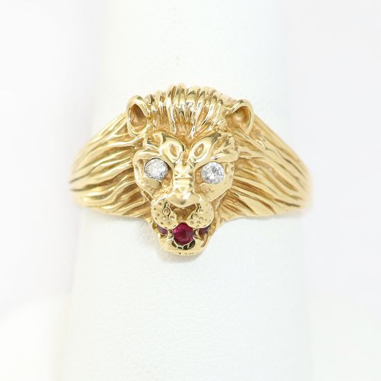 Picture of 14k Yellow Gold Diamond & Ruby Lion Head Ring