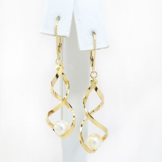 Picture of 14k Yellow Gold Open Twist Dangling Pearl Earrings