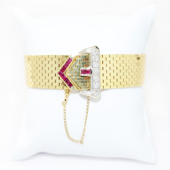 Picture of 14k Yellow Gold Adjustable Diamond & Ruby Belt Buckle Bracelet