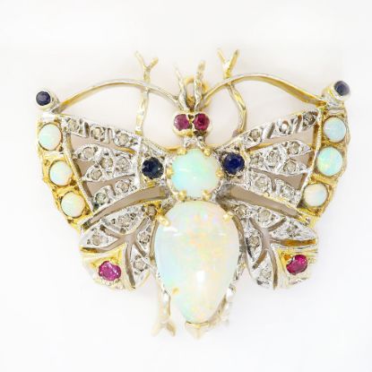 Picture of 14k Two Tone Gold Opal, Diamond, Ruby & Sapphire Butterfly Brooch/Pendant