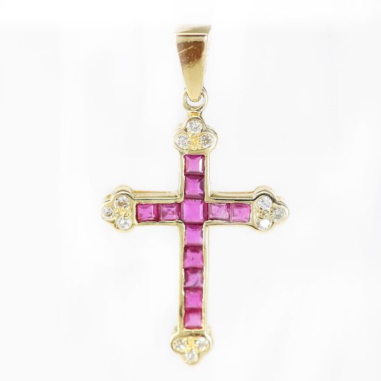 Picture of 14k Yellow Gold Ruby & Diamond Cross Pendant