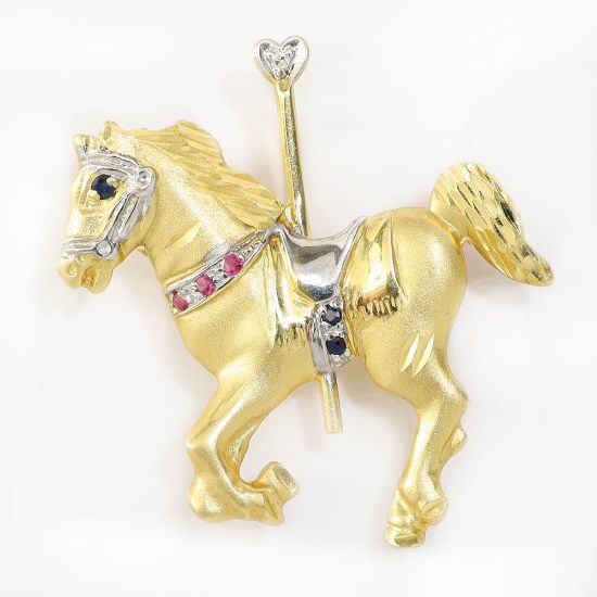 Picture of 14k Two Tone Gold Carousel Horse Pendant/Brooch with Sapphires