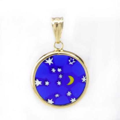 Picture of 14k Yellow Gold Round Blue Glass Stars & Moon Pendant