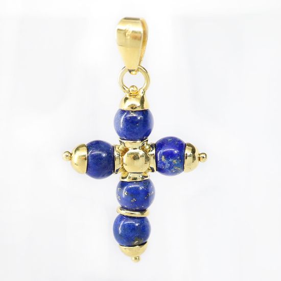 Picture of 18k Yellow Gold Beaded Lapis Lazuli Cross Pendant
