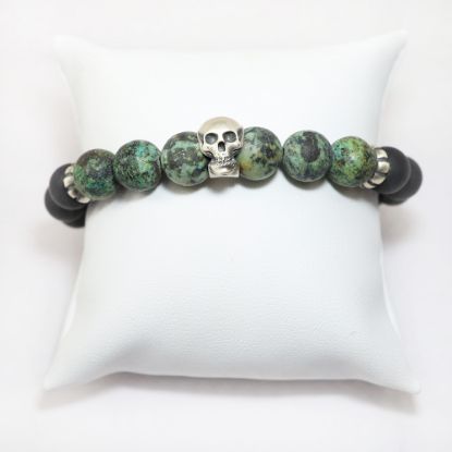 Picture of AXION Sterling Silver Skull Motif Bracelet with Black Onyx & African Turquoise Beads