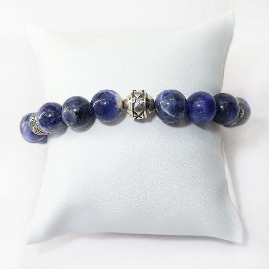 Picture of AXION Sterling Silver & Sodalite Beaded Flexible Bracelet with Vergina Sun Motifs