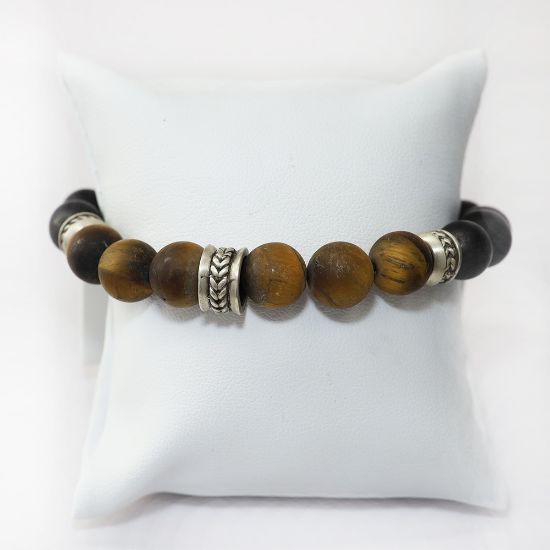 Picture of AXION Sterling Silver Black Onyx & Tiger Eye Beaded Bracelet with Meanders Motif