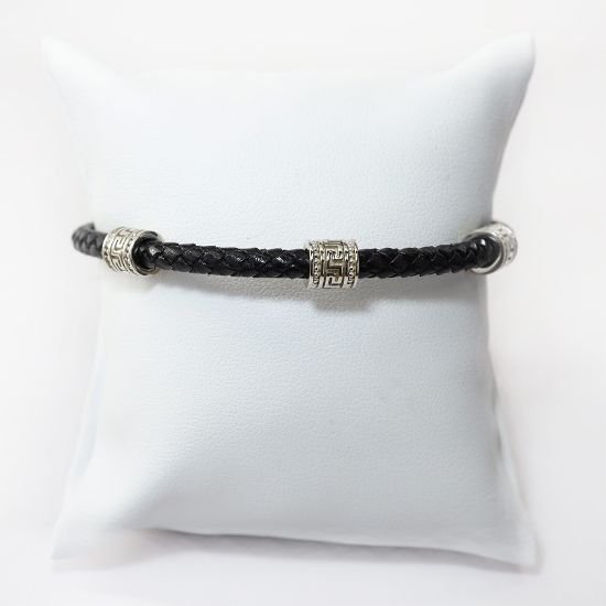 Picture of AXION Sterling Silver Black Braided Leather Bracelet with Greek Key Motifs