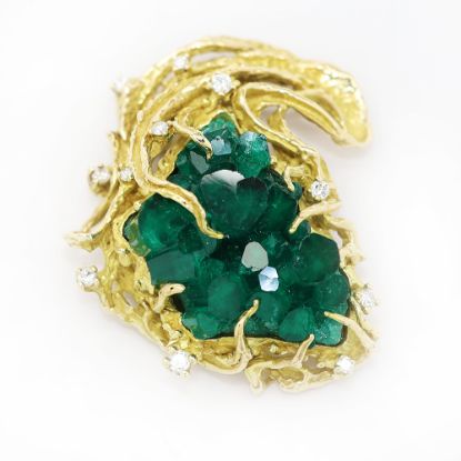 Picture of 14k Yellow Gold Lab Grown Rough Emerald & Diamond Brooch