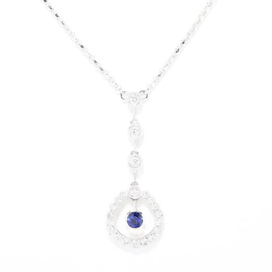 Picture of 18k White Gold Sapphire & Diamond Halo Teardrop Pendant