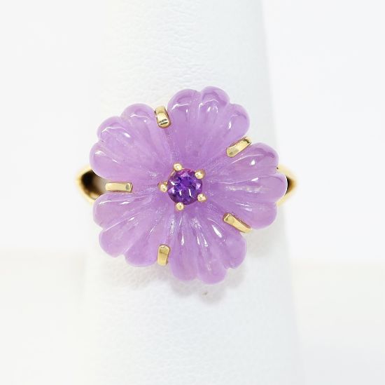 Picture of 14k Yellow Gold Round Amethyst & Lavender Jade Flower Ring