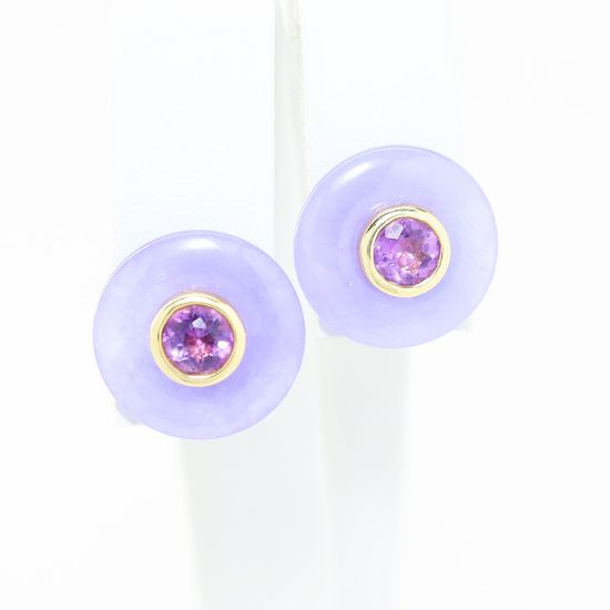 Picture of 14k Yellow Gold Round Amethyst & Lavender Jade Earring Studs