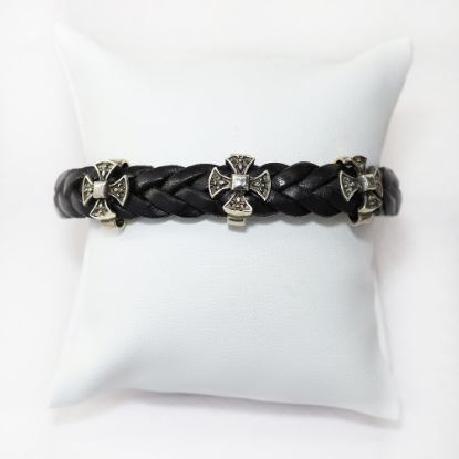 Picture of AXION Sterling Silver Black Braided Leather Bracelet with Crosses Motif