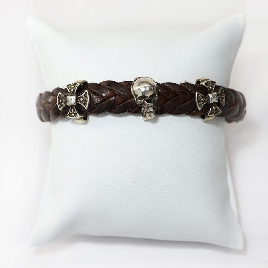 Picture of AXION Sterling Silver Brown Braided Leather Bracelet with Crosses and Skull Motif
