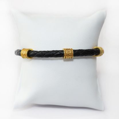 Picture of AXION 14k Yellow Gold Greek Design Black Braided Leather Bracelet