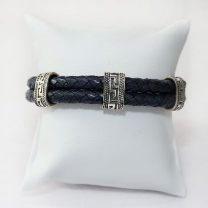 Picture of AXION Sterling Silver Greek Key Motif & Navy Blue Braided Leather Bracelet