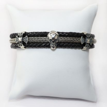 Picture of AXION Sterling Silver Black Genuine Leather Flex Bracelet